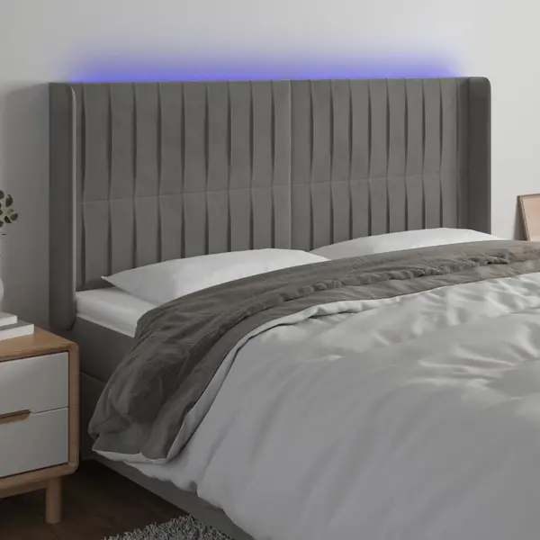 Gossi tablie de pat cu led, gri deschis, 163x16x118/128 cm, catifea