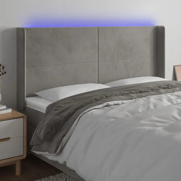 Gossi tablie de pat cu led, gri deschis, 163x16x118/128 cm, catifea