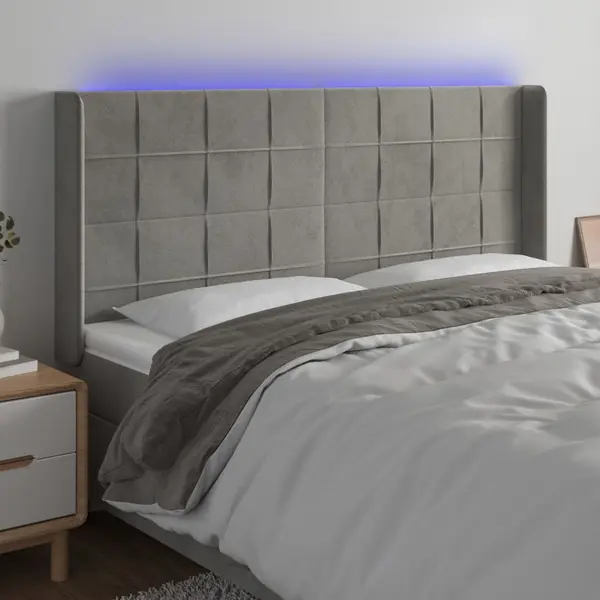 Gossi tablie de pat cu led, gri deschis, 163x16x118/128 cm, catifea