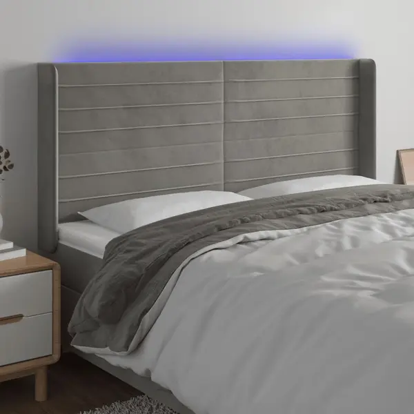 Gossi tablie de pat cu led, gri deschis, 163x16x118/128 cm, catifea