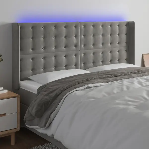 Gossi tablie de pat cu led, gri deschis, 183x16x118/128 cm, catifea