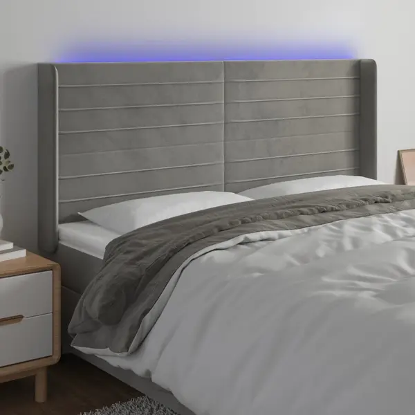 Gossi tablie de pat cu led, gri deschis, 183x16x118/128 cm, catifea