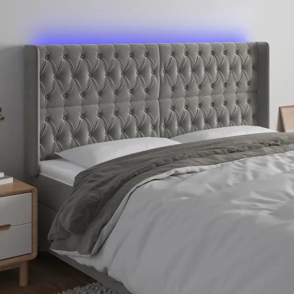 Gossi tablie de pat cu led, gri deschis, 183x16x118/128 cm, catifea