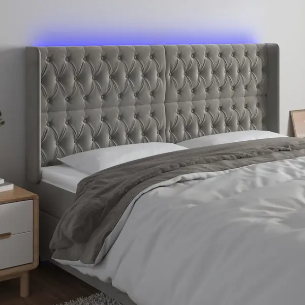 Gossi tablie de pat cu led, gri deschis, 203x16x118/128 cm, catifea