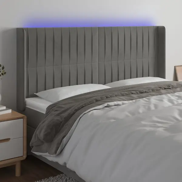 Gossi tablie de pat cu led, gri deschis, 203x16x118/128 cm, catifea