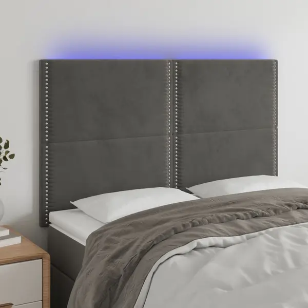 Gossi tablie de pat cu led, gri inchis, 144x5x118/128 cm, catifea