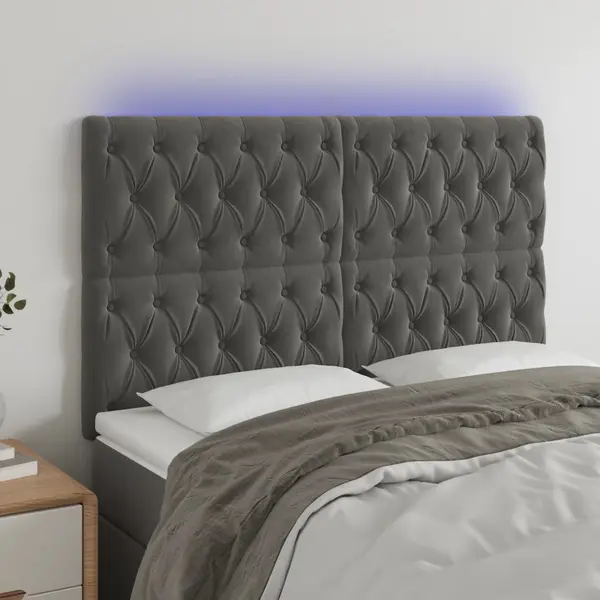 Gossi tablie de pat cu led, gri inchis, 144x7x118/128 cm, catifea