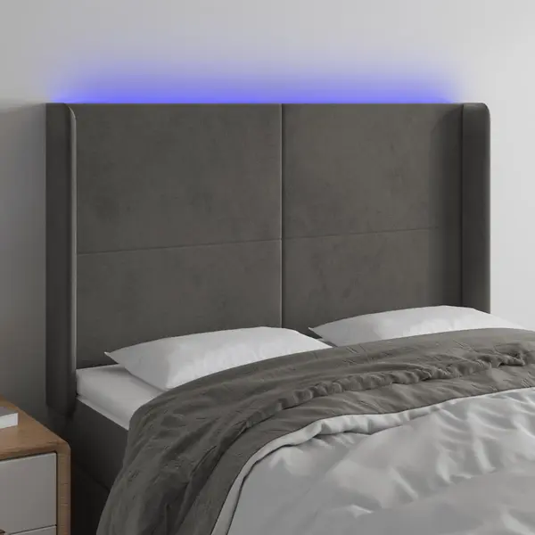 Gossi tablie de pat cu led, gri inchis, 147x16x118/128 cm, catifea