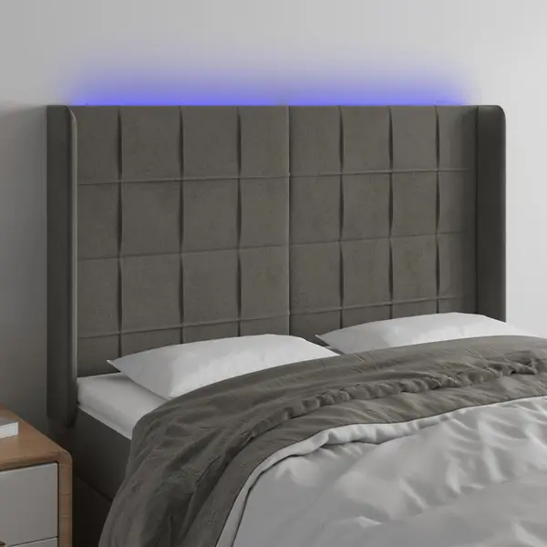 Gossi tablie de pat cu led, gri inchis, 147x16x118/128 cm, catifea