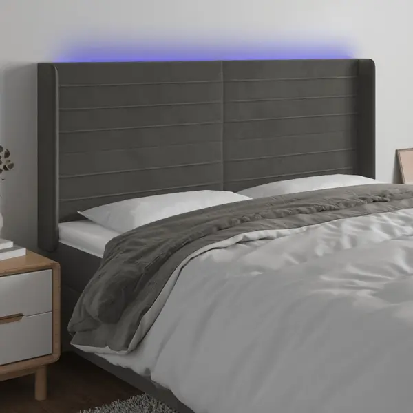 Gossi tablie de pat cu led, gri inchis, 163x16x118/128 cm, catifea