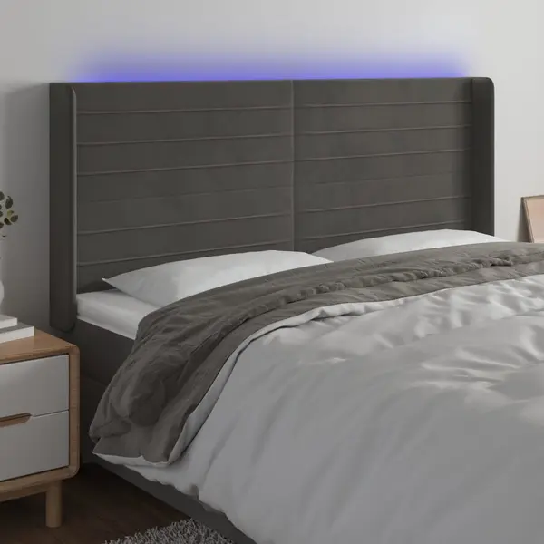 Gossi tablie de pat cu led, gri inchis, 183x16x118/128 cm, catifea