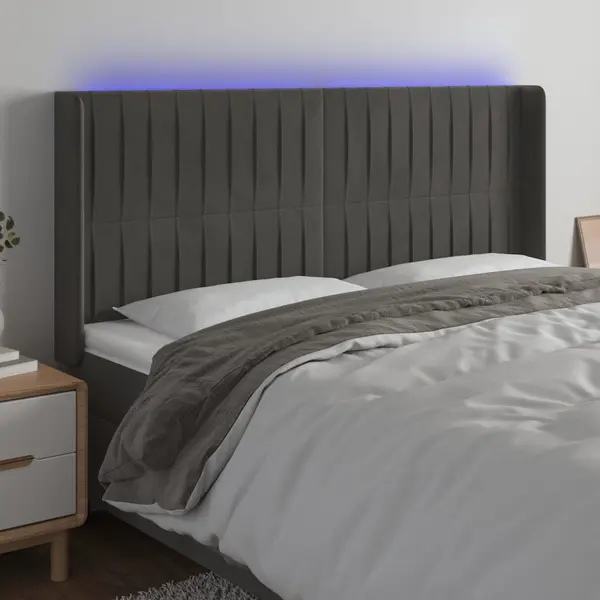 Gossi tablie de pat cu led, gri inchis, 203x16x118/128 cm, catifea