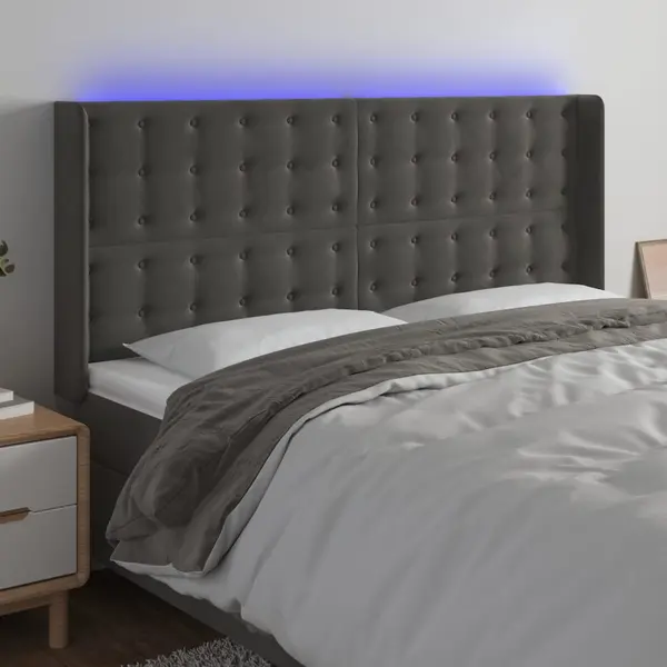 Gossi tablie de pat cu led, gri inchis, 203x16x118/128 cm, catifea
