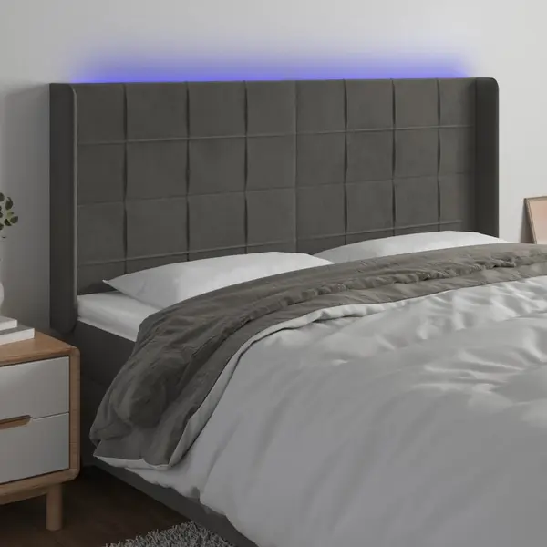 Gossi tablie de pat cu led, gri inchis, 203x16x118/128 cm, catifea