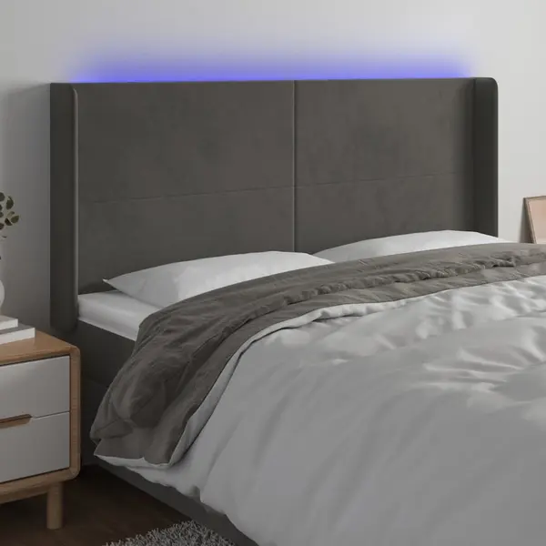 Gossi tablie de pat cu led, gri inchis, 203x16x118/128 cm, catifea