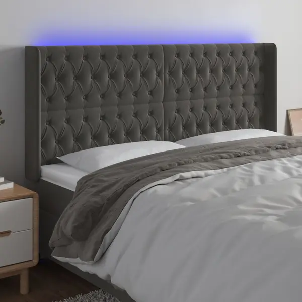 Gossi tablie de pat cu led, gri inchis, 203x16x118/128 cm, catifea