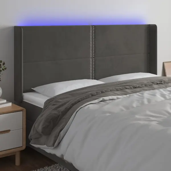 Gossi tablie de pat cu led, gri inchis, 203x16x118/128 cm, catifea