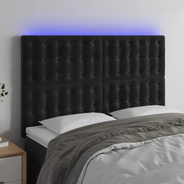Gossi tablie de pat cu led, negru, 144x5x118/128 cm, catifea