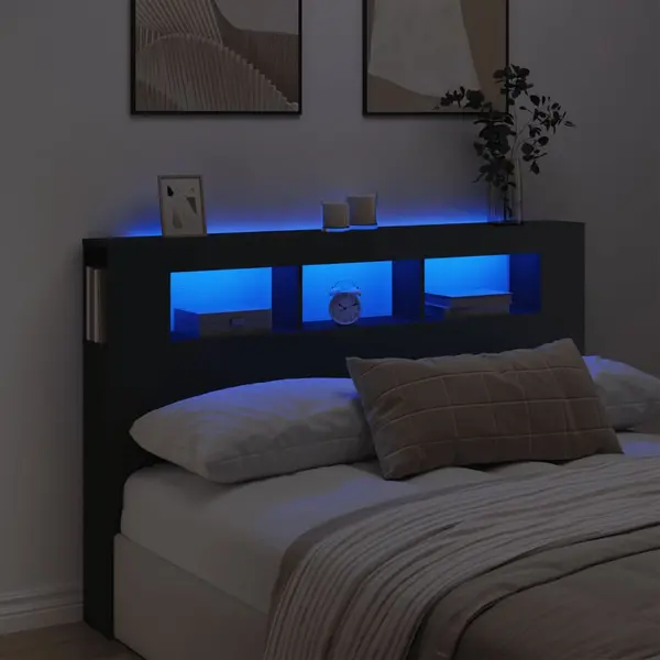 Gossi tablie de pat cu led, negru, 160x18,5x103,5 cm, lemn