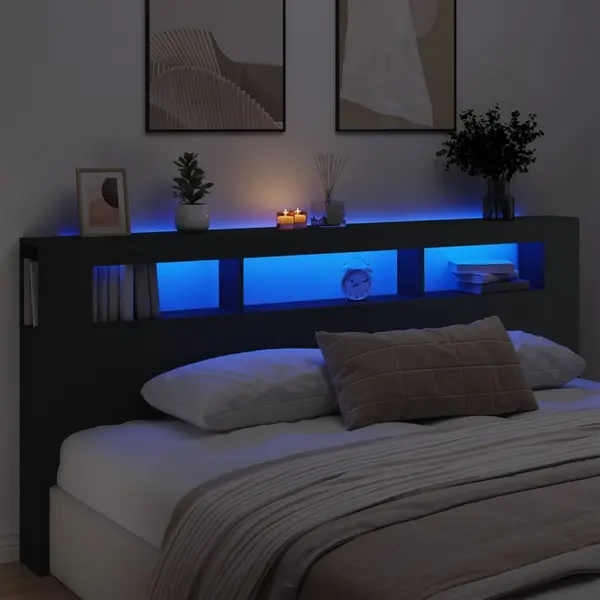 Gossi tablie de pat cu led, negru, 220x18,5x103,5 cm, lemn