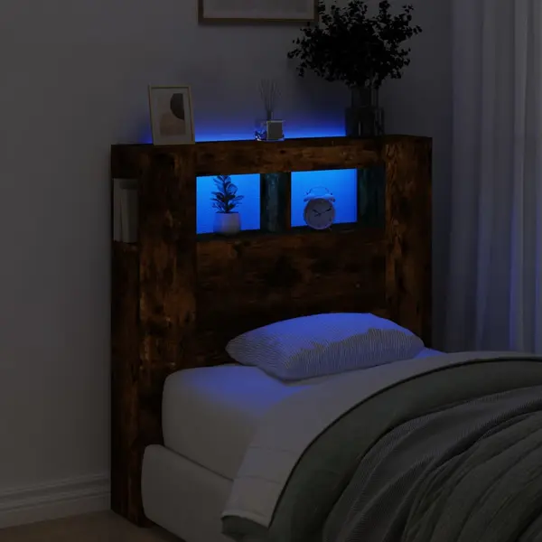 Gossi tablie de pat cu led, stejar fumuriu, 100x18,5x103,5 cm, lemn