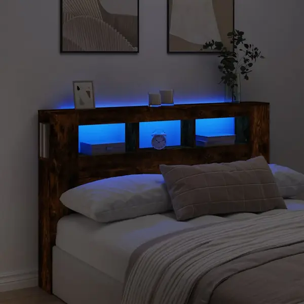 Gossi tablie de pat cu led, stejar fumuriu, 160x18,5x103,5 cm, lemn