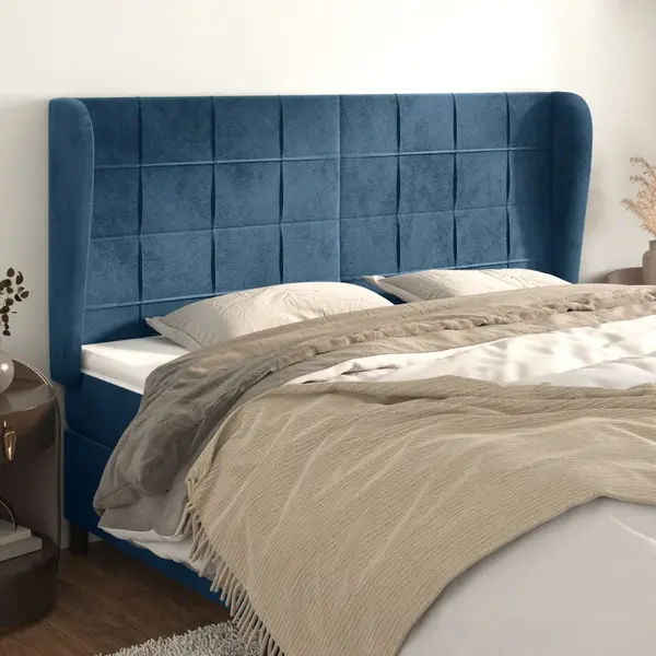 Gossi tablie pat cu urechi albastru inchis 183x23x118/128 cm catifea
