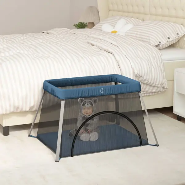 Gossi tarc pentru copii cu saltea, bleumarin, panza textil