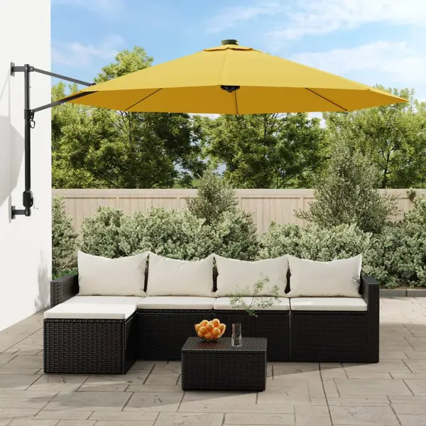 Gossi umbrela de soare montata pe perete, cu led-uri, galben, 290 cm
