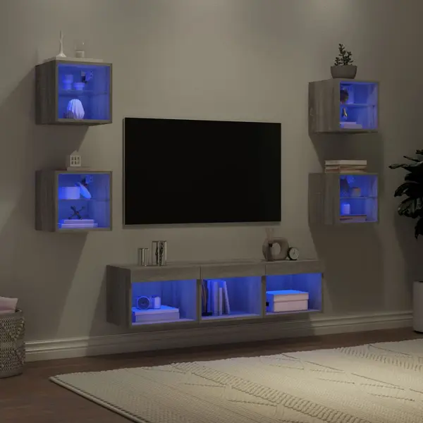 Gossi unitati de perete tv cu led-uri, 7 piese, gri sonoma, lemn