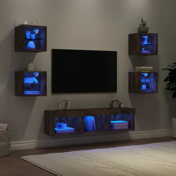 Gossi unitati de perete tv cu led-uri, 7 piese, stejar fumuriu, lemn