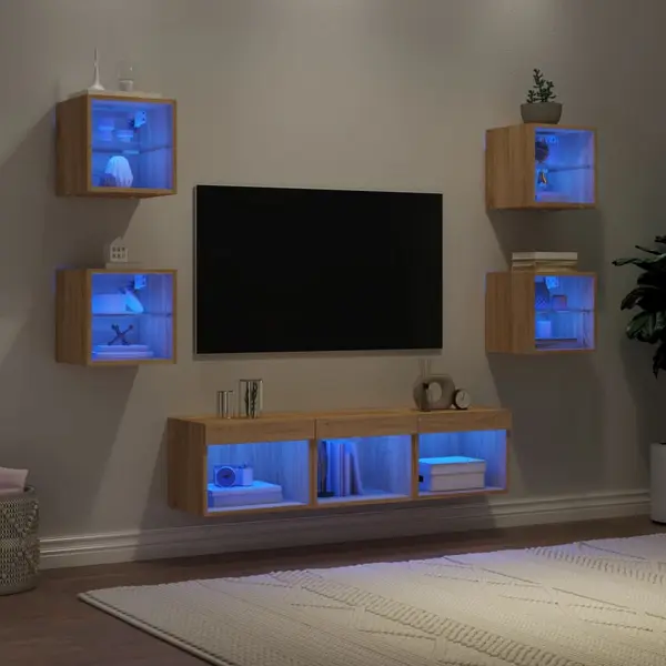 Gossi unitati de perete tv cu led-uri, 7 piese, stejar sonoma, lemn