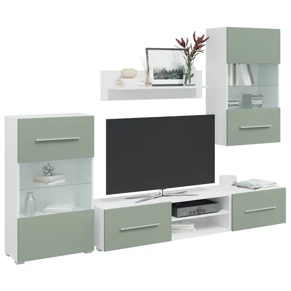 Gossi unitati tv 5 piese cu iluminare led lemn prelucrat verde maslin
