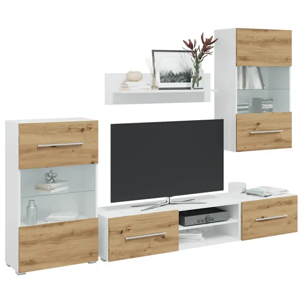 Gossi unitati tv de 5 piese cu iluminare led artisan stejar lemn