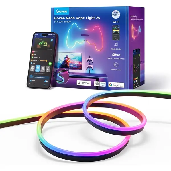 Govee Banda LED Govee Neon Rope 2 H61D4-B RGBIC, Inteligenta, 4m, Sincronizare Muzica, Matter, Wifi, Alexa, Google Asistant -negru
