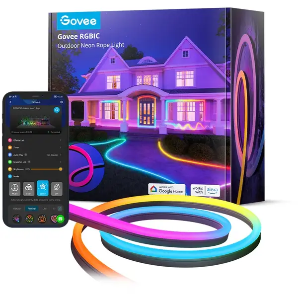 Govee Banda LED Profesionala Govee Neon Rope H61A8 Exterior, IP67, RGBIC, Inteligenta, 10M, 1130lm, 72W, Sincronizare Muzica, Wifi, Bluetooth, Alexa, Google Asistant