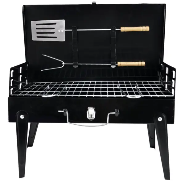 Gratar camping portabil negru cu ustensile 43x26x46 cm