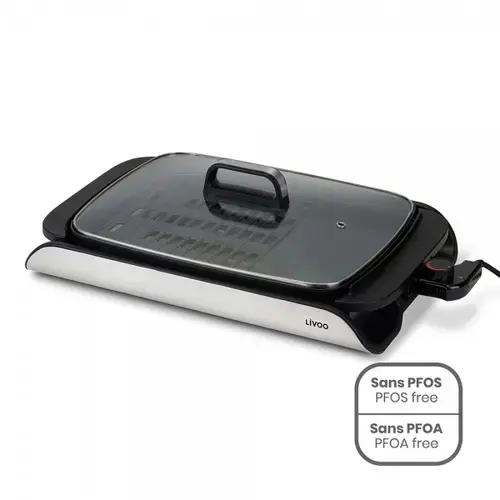Gratar electric 2in 1 Livoo DOC321, 40x30 cm, 2000 W, capac din sticla securizata, termostat reglabil si detasabil (Negru)