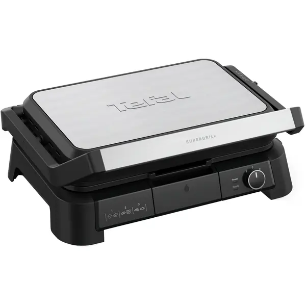 Gratar electric multifunctional Tefal SuperGrill 3 in 1 XL GC520DE0, 2000 W, 3 trepte temperatura, 800 cm2, placi detasabile, functie cuptor & barbeque, negru & argintiu