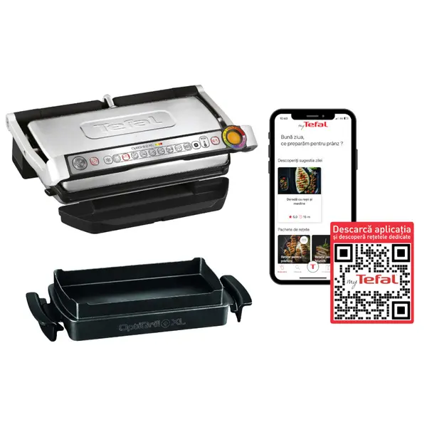 Gratar electric OptiGrill+ XL Snacking & Baking GC724D12, 2000 W, mod manual 4 nivele, placi antiaderente din aluminiu turnat, 9 programe, indicator nivel gatire, tava colectare lichide, tava gustare si coacere, argintiu