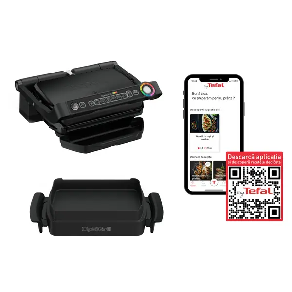 Gratar electric Tefal OptiGrill+ Snacking & Baking GC714834, 6 programe, mod manual, senzor automat, tava colectare lichide, tava coacere, placi antiaderente, negru