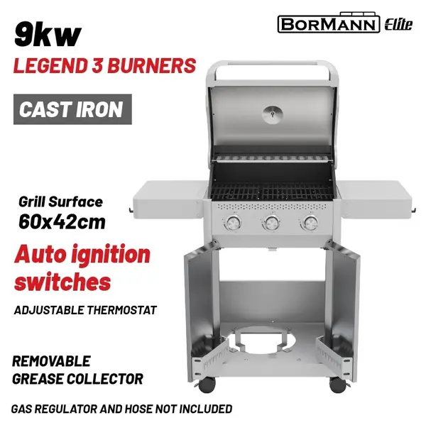 Grătar pe gaz Bormann Elite – BBQ7030, 9 kW, 3 arzătoare
