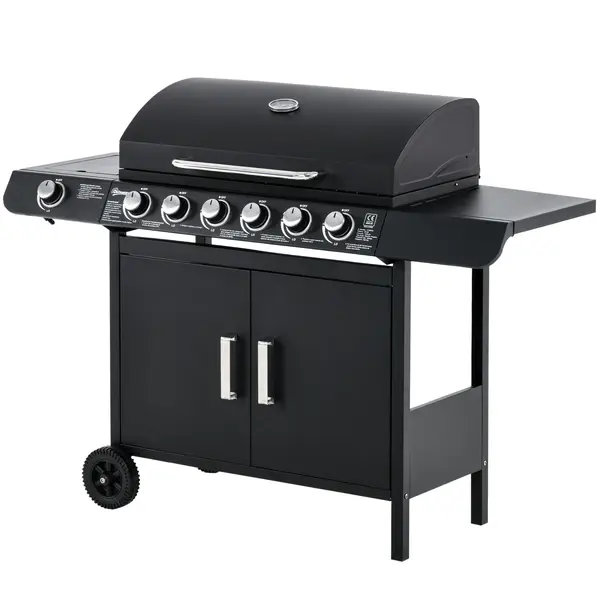 Gratar pe Gaz cu Capac Outsunny, 7 Arzatoare, Raft, 2 Roti, Negru 135x50x100cm | Aosom Romania