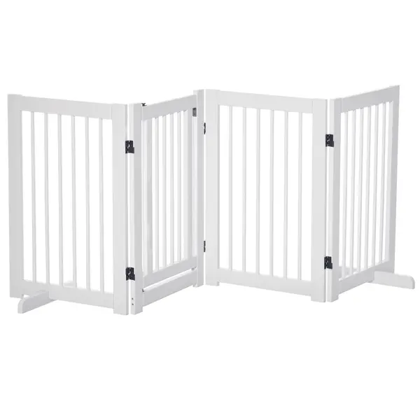 Grilă pentru câini PawHut cu picioare de susținere 204 x 75 cm din lemn, Grilă de protecție pentru câini cu uși pentru scări, uși, bucătărie, hol, 4 panouri, Alb | Aosom Romania