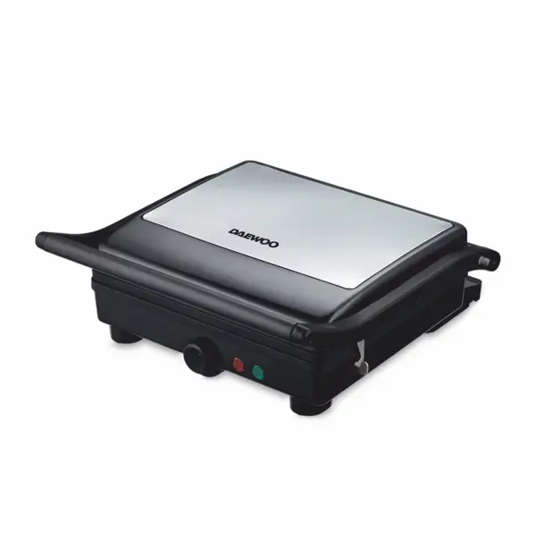 Grill electric Daewoo DG2000X, 2000W, capac si maner din inox, indicatori luminosi, buton pornire/oprire, termostat reglabil, deschidere placi la 180°, Inox