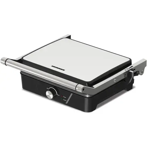 Grill electric Heinner GrillChef HEG-K2000CP, 2000 W, Placi fixe cu invelis antiaderent, Temperatura reglabila, maner rece, Indicatoare luminoase, Tava pentru colectare ulei (Negru/Argintiu)