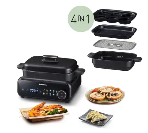 Grill multifunctional 4 in 1 Panasonic NF-GM400KXE, 1524W, 40°C–250°C, 9 programe, 4 vase, peste 80 retete, extractor de fum cu filtrare prin apa (Negru)