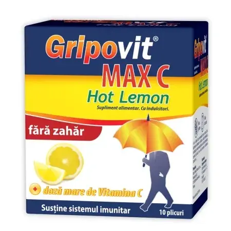Gripovit Max C Hot Lemon fara zahar, 10 plicuri – Zdrovit
