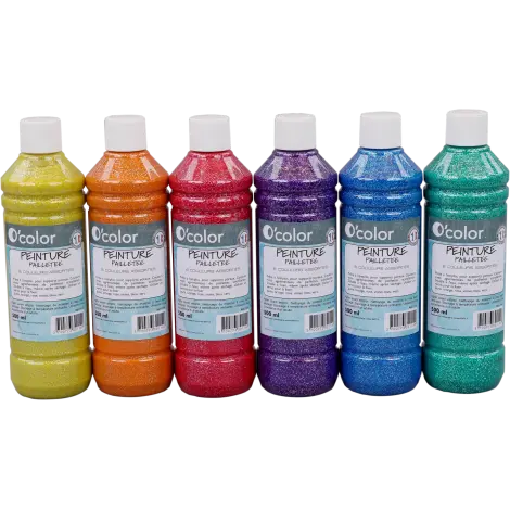 Guasa lavabila Glitter 6 x 500 ml, culori clasice cu sclipici