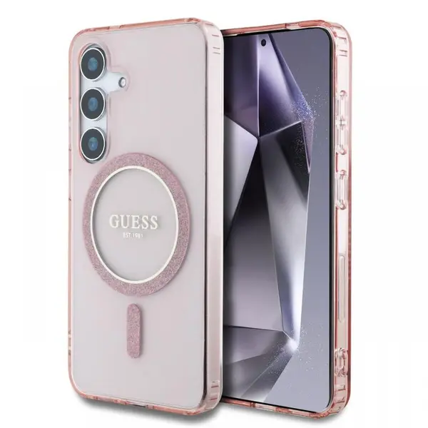 Guess Husa Glitter Circle Classic Logo MagSafe Samsung Galaxy S25 Roz